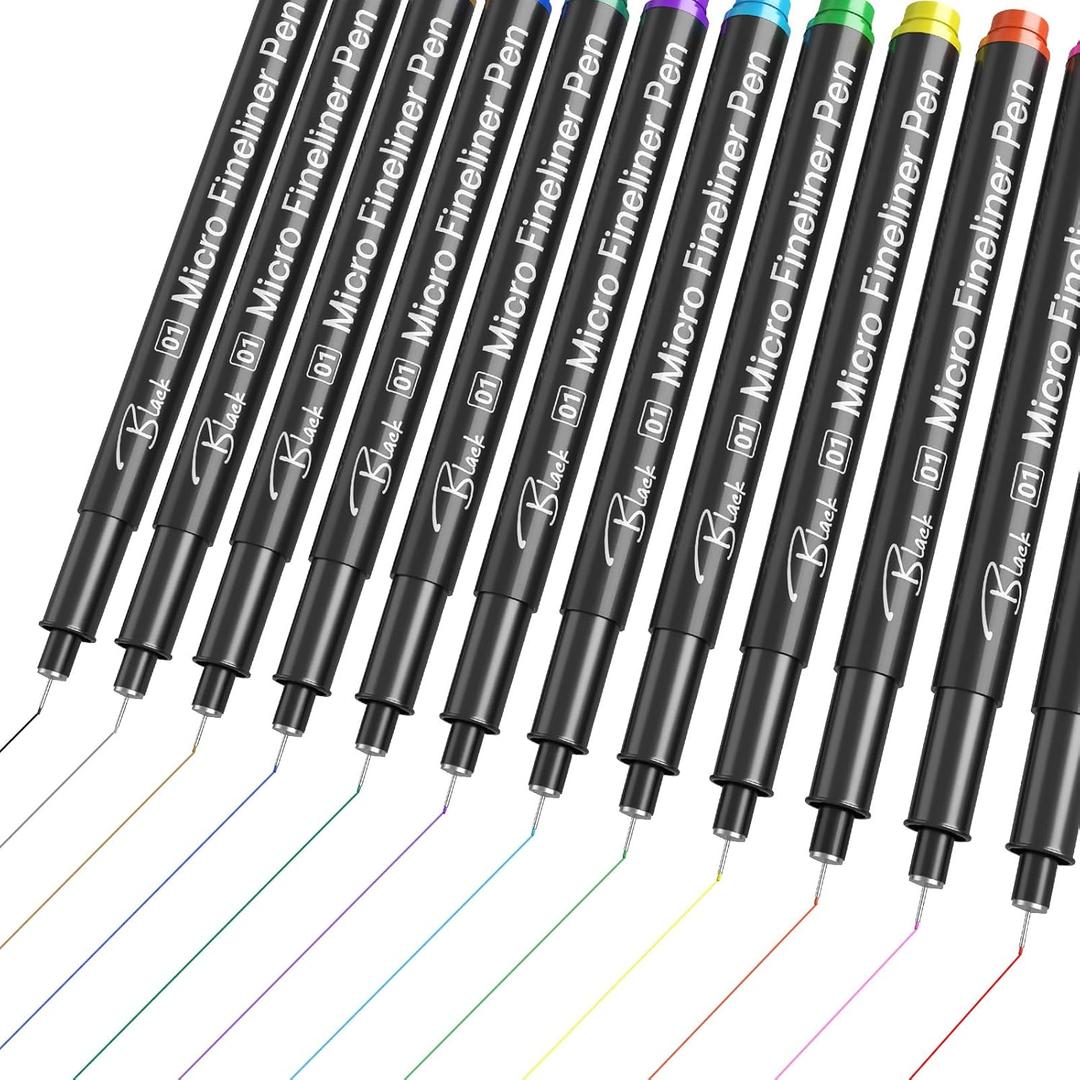 12 Colored Micro Pens 01 (0.25mm), Waterproof No-Bleed Through Extra Fine Point Fineliners for Bible Notes, Planner, Sketching, Journaling, Bullet Journal, Writing, Drawing, Note Taking