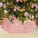 Pink Gold Tree Collar 31.49 Inch Sequin Foldable Christmas Tree Ring Velvet Tree Skirt Cover for 9ft Pencil Tree Holiday Xmas Decor