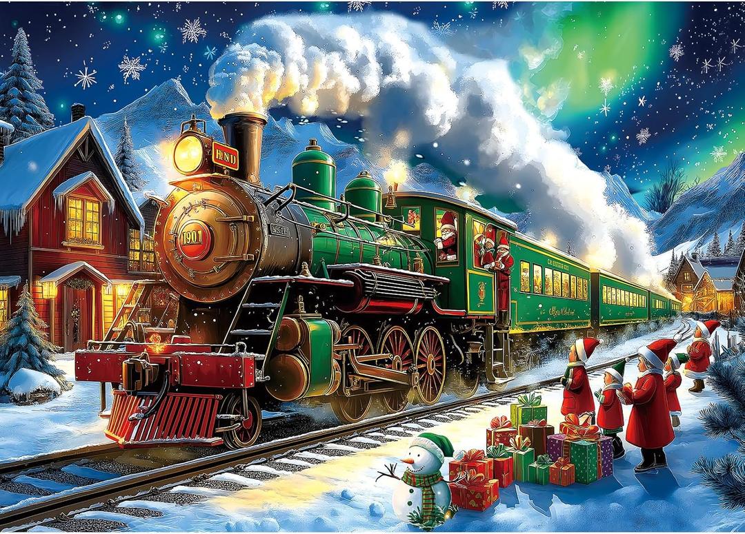 2 x Blueforest Christmas 1000 Piece Jigsaw Puzzle for Adults - 27.5x19.7 Inches Holiday Train Scene with Aurora & Santa, Challenging Fun Adult Puzzles, Home Decor