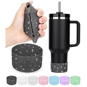 2PCS Hydroflask & Stanley Silicone Cup Accessories, 12-24oz & 20-40oz Glitter Bottom Protection, Black