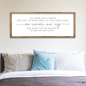 ZZJJHYWGQ Romantic Quote Wall Art So Cover Me Up Sign 32"×12" Inspirational Home Was A Dream Decor Rustic Large Wood Framed Print for Bedroom Living Room Couples Motivational Wall Hanging (Wood)