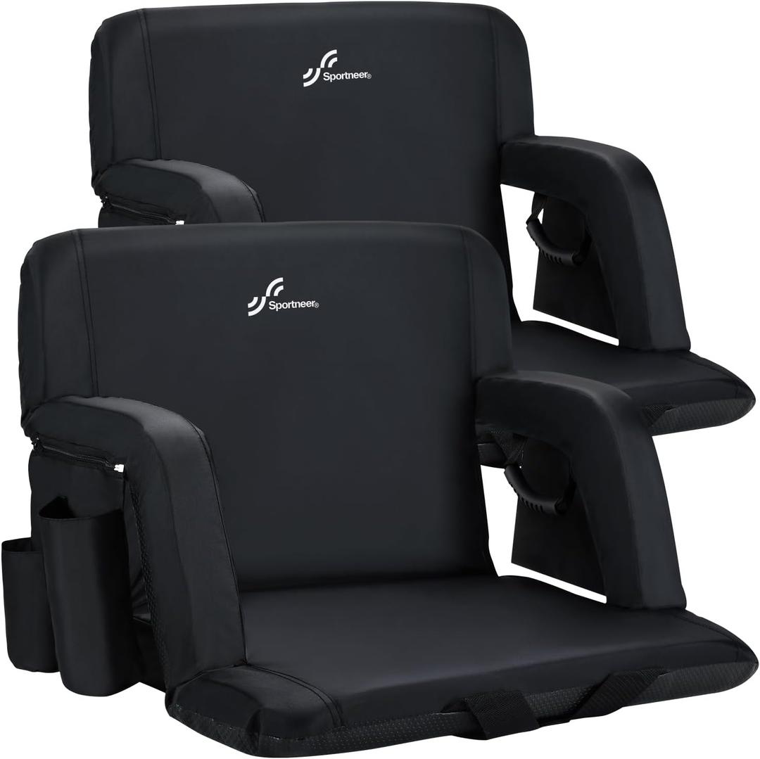 Sportneer Extra Wide Stadium Seats with Back Support, 2 Pack Bleacher Seats with Back and Cushion Wide Padded Stadium Chair with Armrests 6 Reclining Positions Bleacher Chair for Sport Events Camping (Extra Wide - 24", Black, 2 Pack)