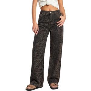 Baggy Jeans Womens Wide Leg Trendy High Waist Leopard Print Loose Fit Straight Denim Pants Y2k Vintage Style Casual (L)