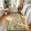 Floral Runner Rug 2x6 - Washable Vintage Bedroom Runner Rug Low Pile Non-Slip Carpet for Entryway Hallway, Laundry, Bathroom, Kitchen - Soft, Stain Resistant Indoor Area Rug - Green