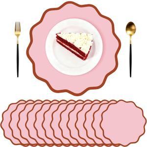 Pink Scalloped Paper Placemats 60 Pcs Disposable Coated Paper Waterproof Place Mat with Wavy Edge Table Decor for Baby Shower Party Supplies Birthday Wedding Banquet Tea Party (13.5 Inch Round)