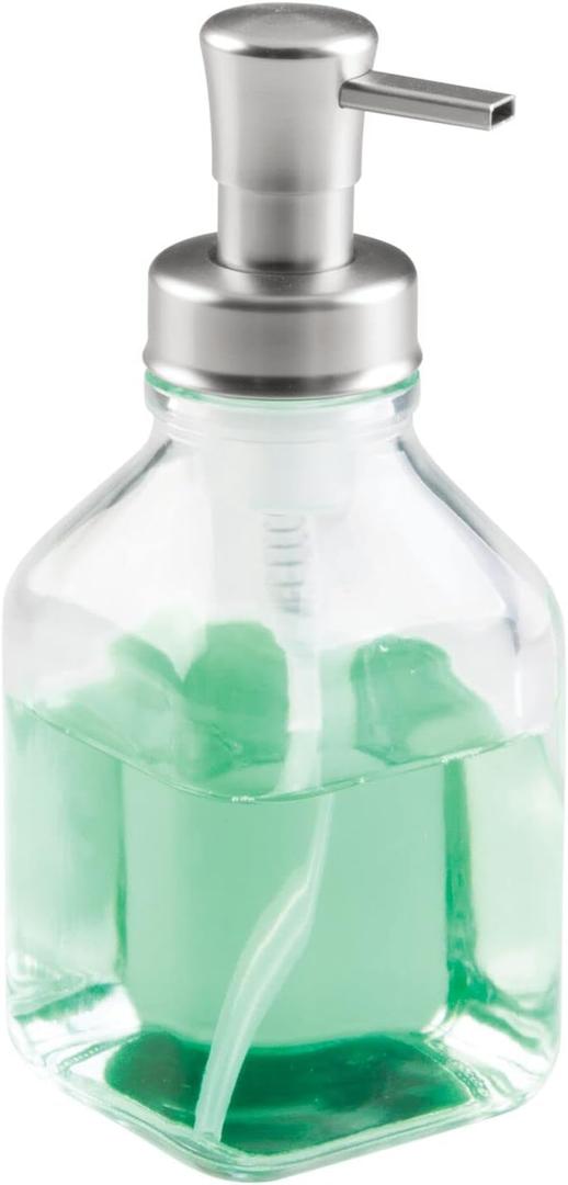 M
Design Square Glass Refillable Foaming Soap Dispenser Pump Bottle for Bathroom Vanity Countertop and Sink, Vintage-Inspired, Compact Container Design - Emba Collection, Clear/Brushed Chrome