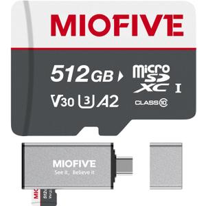 Miofive Memory Card - Ultimate Micro SD Card with USB 3.0 Type-C Card Reader 170MB/s, C10, U3, A2, V30, 4K for Dash Cams, Android Smartphones, Tablets, and Gaming Devices (512GB)