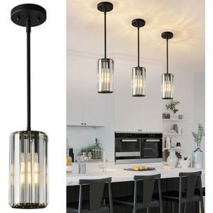 Black Pendant Lighting Modern Pendant Light Mini Crystal Chandeliers Adjustable Pendant Light Fixture for Kitchen Island Dinning Room Corridor Bedroom(Black 3-Pack), Round-3-Pack