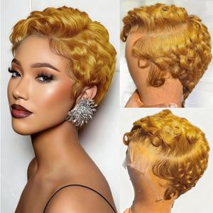 Honey Blonde 13X4 Lace Front Curly Pixie Cut Wig Human Hair Wigs, Honey Blonde #27 13x4 HD Lace Frontal Wigs Short Layered Curly Glueless Wig Deep Wave Pixie Cut Human Hair Wigs for Black Women