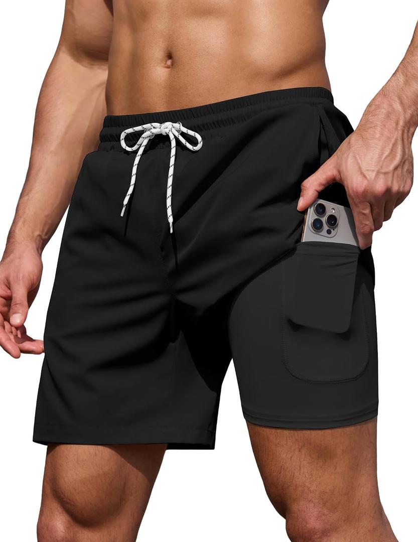 COOFANDY Men's 7" Swim Trunks with Compression Liner Stretch Swimming Shorts with Zipper Pockets (Black, M)