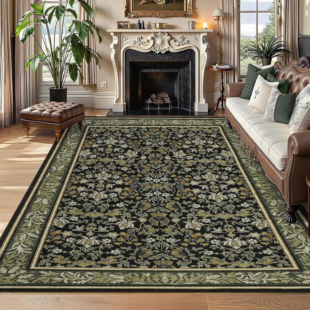 GarveeHome Washable Rug 9x12 Area Rugs for Living Room, Boho Rug Non Slip Vintage Low Pile Large Rugs for Bedroom Stain Resistance Non-Shedding Throw Carpet for Office Green Black