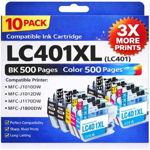 LC401XL Ink Cartridges for Brother (10 Pack) High Yield Replacement for Brother LC401 Ink (4 Black, 2 Cyan, 2 Magenta, 2 Yellow) Compatible with MFC-J1010DW J1012DW J1170DW J1800DW Printer
