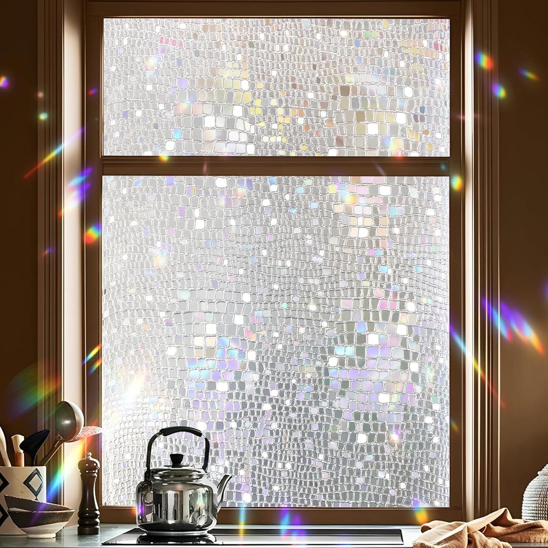 Stained Glass Window Privacy Film Static Cling Decorative Rainbow Window Film, No Adhesive UV Blocking Sun Cling for Bathroom, Bedroom, Glass Doors, Removable 3D Stone, 23.6 x 78.7 in
