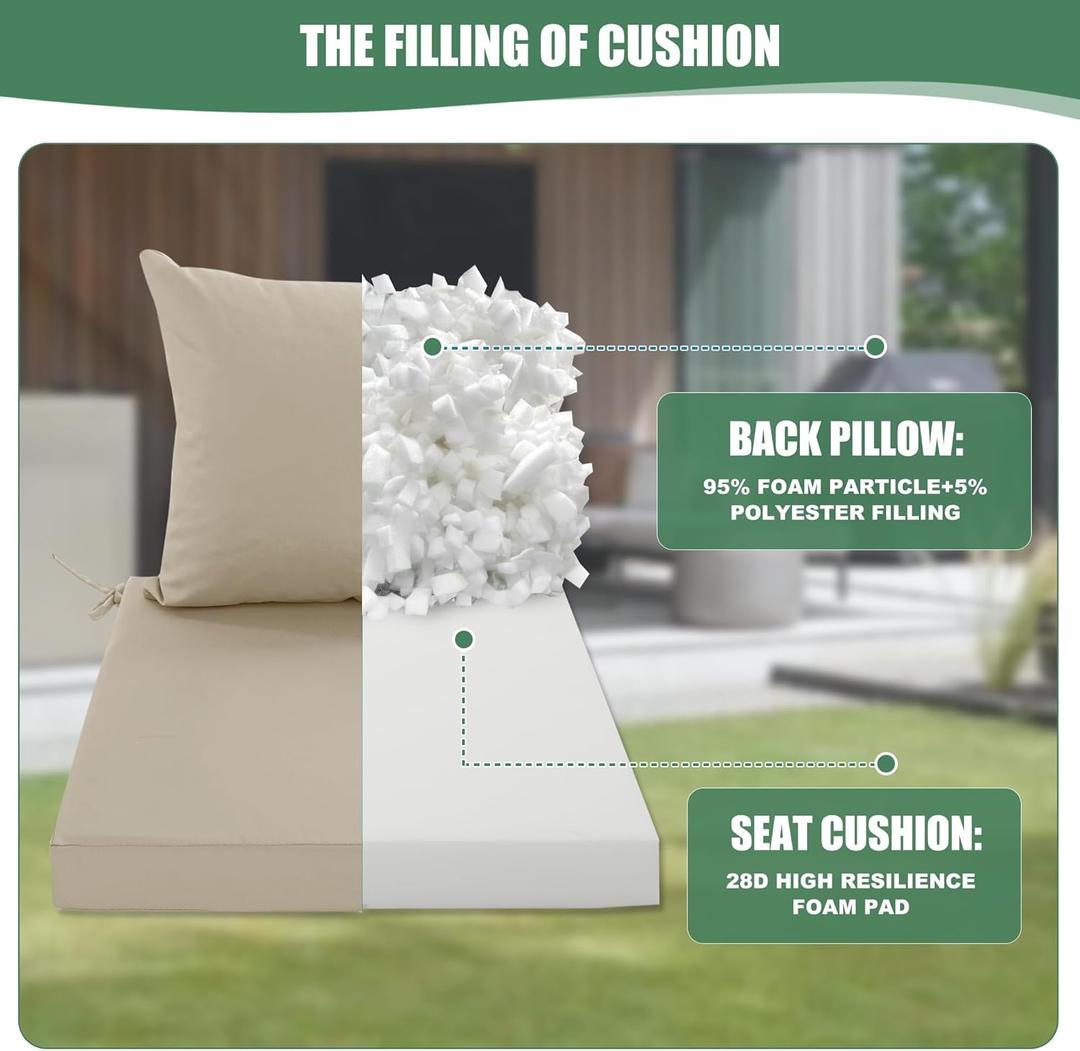 Outdoor Chair Cushions Set of 2, Waterproof Backrest and Deep Seat Cushion Set for Patio Furniture, Outdoor Sofa Replacement Cushions with Removable Cover, 24 x 24 Inch, Cream