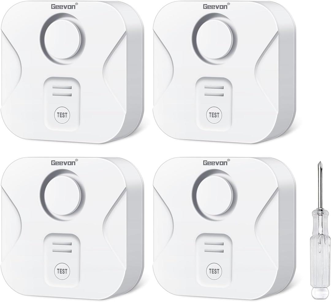 Geevon 4 Pack Water Leak Detectors for Home, 100dB Water Sensor Alarm Flood Leakage Detection Devices for Bathroom, Basements, Laundry Rooms, Kitchen, IP56 Waterproof (Battery Screwdriver Included)