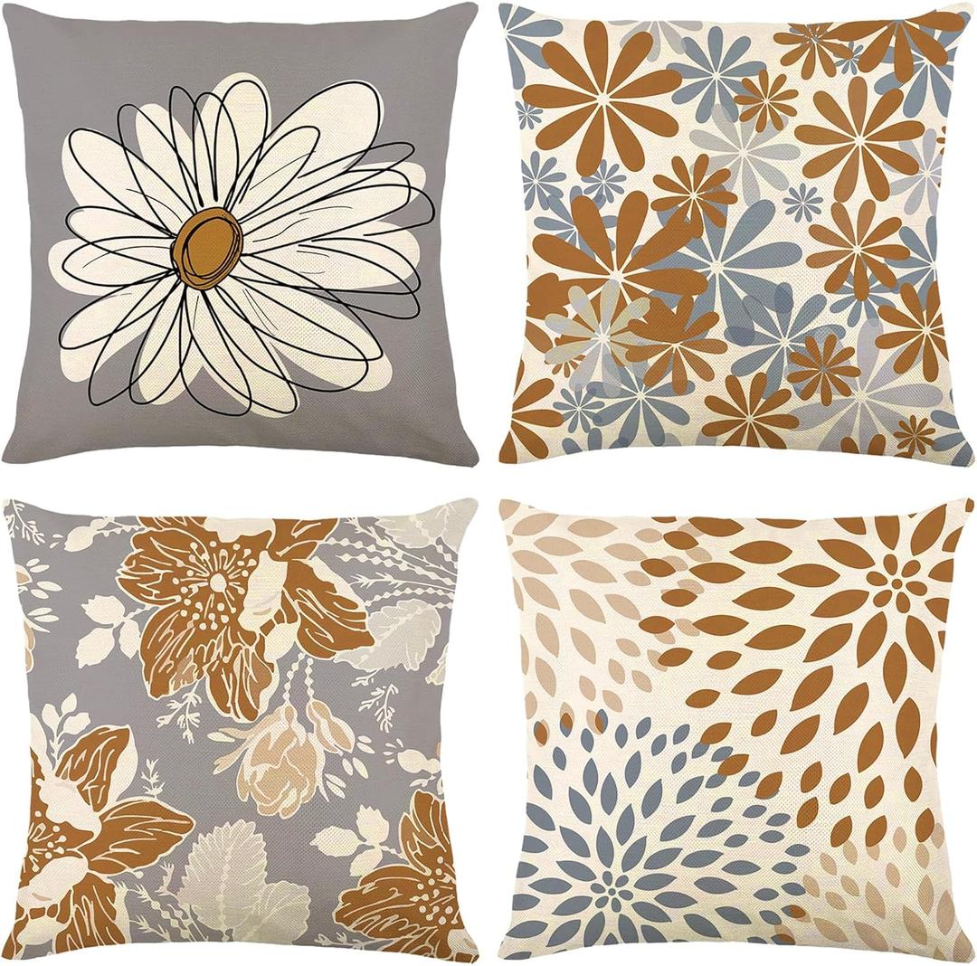 Brown Decorative Throw Pillow Covers 18x18 Set of 4, Brown and Grey Modern Daisy Floral Pillows Linen Pillow Covers for Couch Sofa Living Room