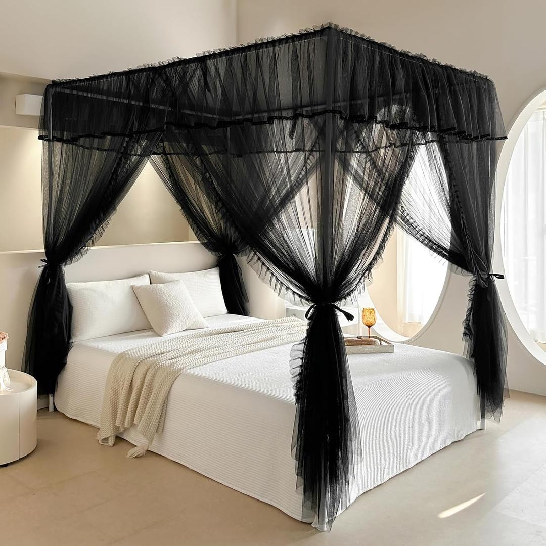AIKASY 4 Corners Post Ruffle Princess Bed Canopy Curtain - Double Layer Cozy Drape Netting with 4 Openings - Elegant Mosquito Net for Girls and Adults Bedroom Decoration (Black, King)