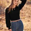 MASCOMODA Long Puff Sleeve Sweaters for Women 2026 Spring Winter Crewneck Knit Ribbed Bodysuit Pullover Tops (Black, S)
