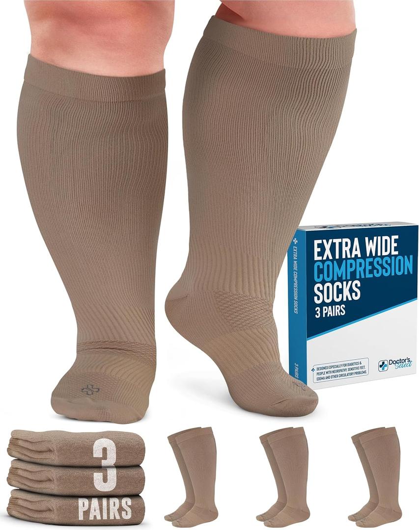Doctor's Select 3 Pairs Plus Size Compression Socks Wide Calf - Up to 6XL | 20-30 mmHg Compression Socks for Women Wide Calf (XX-Large)