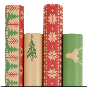 LaRibbons Kraft Christmas Wrapping Paper Set, 30 Inch X 10 Feet (4 Rolls: 100 Sq. Ft. Ttl) Snowflake, Green Tree, Deer Antlers and Gift Box Shapes Design for Xmas, Party, Holiday, Celebration