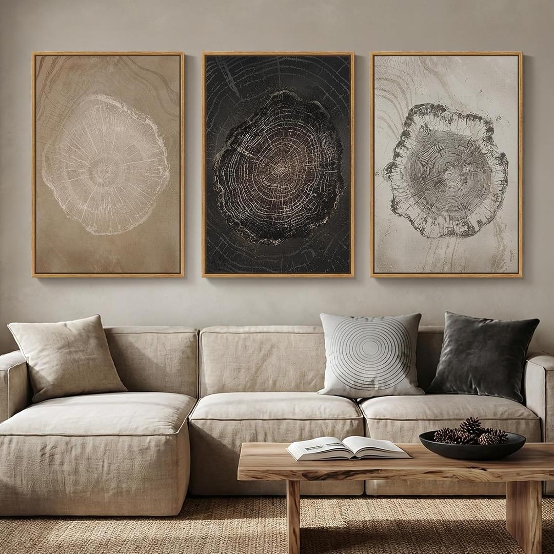 3 Piece Framed Neutral Tree Ring Wall Art for Living Room, Large Vintage Nature Wood Stump Canvas Artwork for Walls, Modern Farmhouse Paintings Prints for Bedroom Dining Room Wall Decor 24x36 Inch