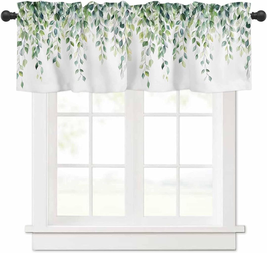 Kitchen Valances for Window, Sage Green Eucalyptus Leaf Spring Watercolor Rod Pocket Curtains, Window Treatment Valance Drapes for Living Room Bedroom,54x18in