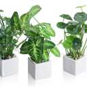 MyGift Set of 3 Artificial Plants, Faux Potted Plants Indoor, Small Fake House Plant in White Square Ceramic Pots for Shelf Decor
