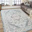 FlyDOIT Vintage Area Rugs for Living Room, 5x8 Blue Floral Medallion Washable Rug for Bedroom, Faux Wool Ultra Soft Retro Accent Rug, Non Slip Indoor Carpet for Kitchen Office Dining Room Decor