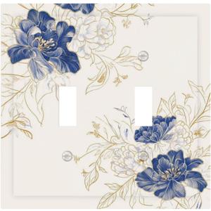 Decorative Light Switch Cover Plate Rustic Blue Flower Floral Gold Leaf 2 Gang Outlet Covers Double Toggle Wall Plates for Electrical Outlets Switch Plate Covers Faceplate for Home Decor