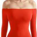 SUUKSESS Women Off the Shoulder Long Sleeve Bodysuit Double Lined Thong Bodysuit (Large, Red)