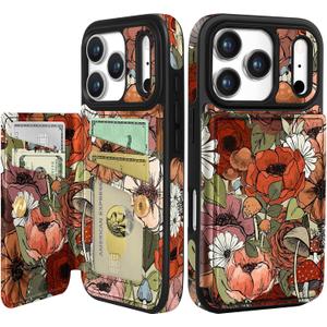 Shorogyt Compatible with iPhone 17 Pro Max Wallet Case with Card Holder - Cute Flower Mushroom Design Kickstand for Magnetic Clasp Back Flip Folio Leather Phone Covers for Women Men Girls
