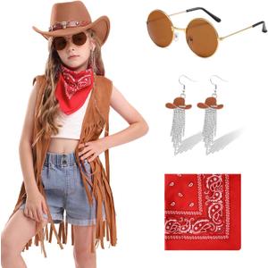 Cowgirl Outfits Costume for Girls 6 Pcs Kids Western Outfit Cowboy Hat Tassel Fringe Vest Earring for Halloween Party (11-12 Years, Khaki)