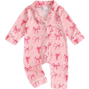 fyclemt Baby Boy Girl Pajamas Romper One-Piece Jumpsuit Long Sleeve Lapel Collar Button Down Sleeper Infant Sleepwear Pjs Nightwear (Pink Ribbon Bowknot, 3-6 Months)