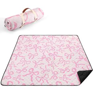 Pink Bow Picnic Blanket 80'' x 80'' Waterproof Extra Large Camping Blanket Coquette Picnic Mat Foldable Portable Preppy Outdoor Beach Mat with Carry Strap for Outdoor Grass Lawn Park