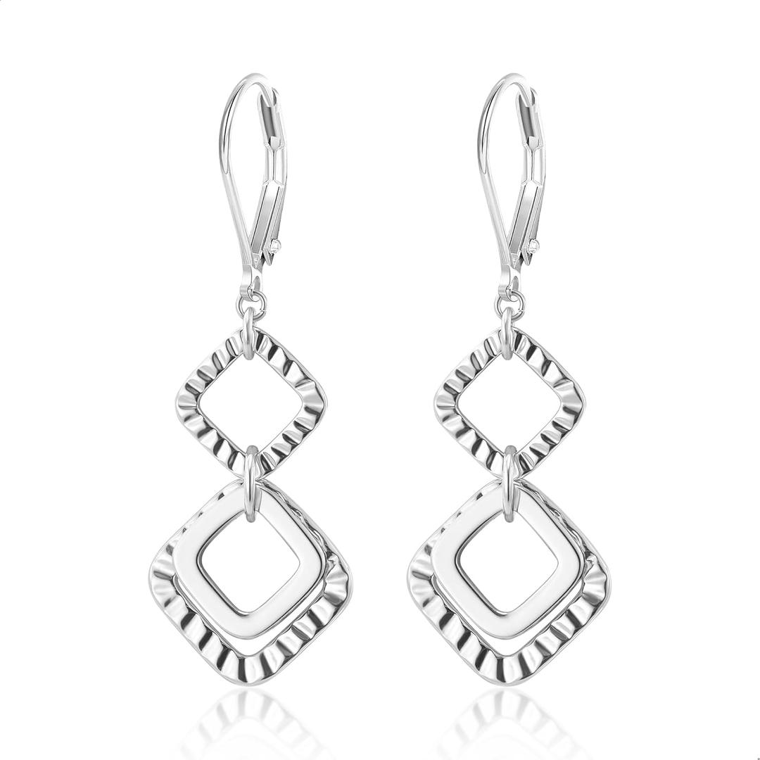925 Sterling Silver 14K Gold Plated Dangle Earrings for Women, ALEXCRAFT Dangling Drop Geometric Handmade Hammered Square Earring Trendy Leverback Dangly Handcrafted Minimalist Earings Hypoallergenic