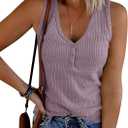 Women's V Neck Tank Tops Ribbed Sleeveless Henley Shirts Button Down T Shirts Slim Fit Tee Tops (Purple, XXL)
