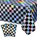 3Pack Black and Iridescent Checkered Plastic Tablecloth, Shiny Disposable Laser Rectangle Table Covers, Holographic Foil Tablecloth Iridescent Party Decorations for Picnic Camping Race Car, 54x108Inch