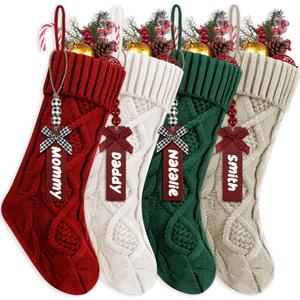 4Pack Personalized Christmas Stockings with Wooden Name Tags, 18 inches Xmas Cable Knitted Stocking for Holiday, Hanging Decoration Gifts for Family Party(White & Red & Green & Khaki)
