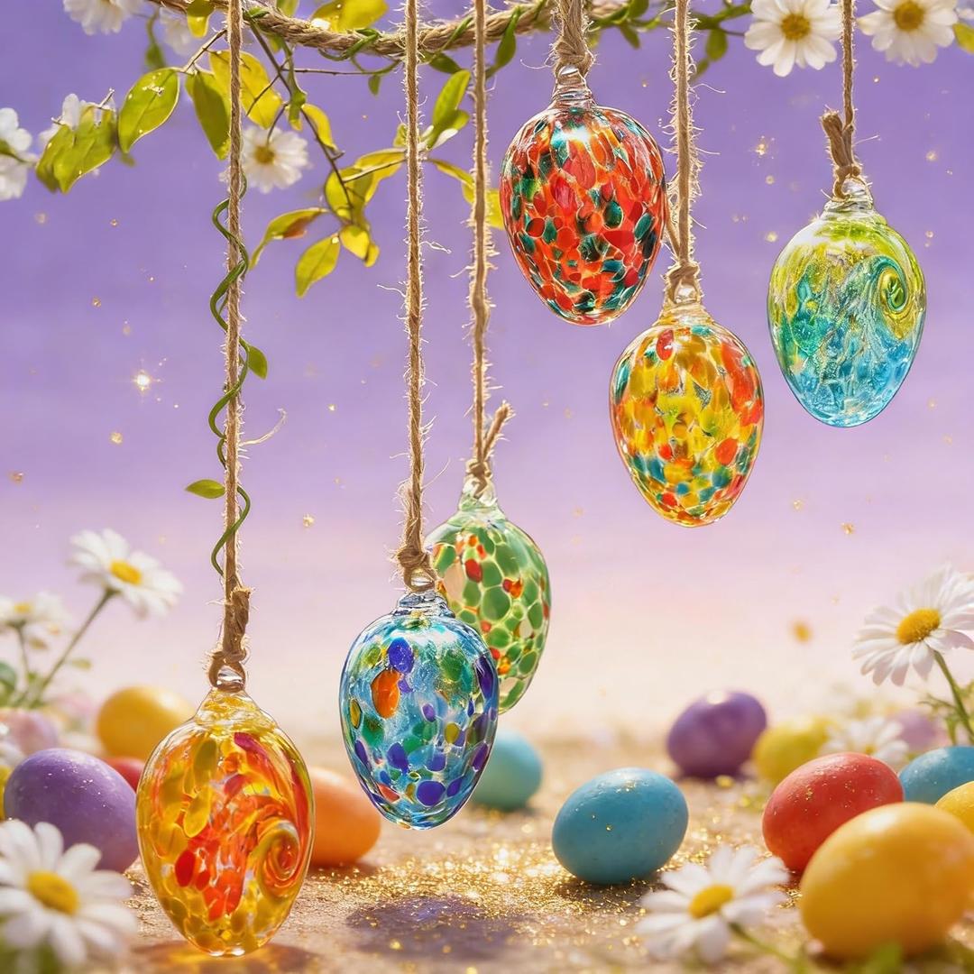 6pcs Colorful Hanging Easter Decorations Hand Blown Glass Easter Eggs Hanging Glass Witch Balls Globes Ornaments Easter Egg Tree Decorations for Holiday Party
