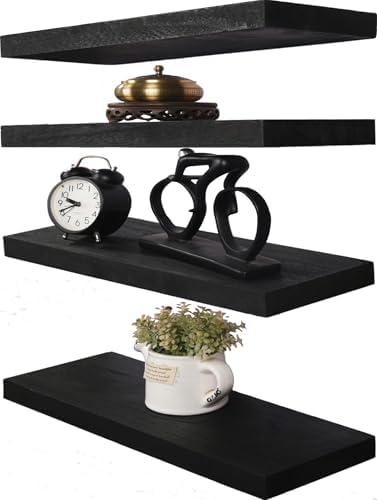 HXSWY Wood Floating Shelves for Wall, Wooden Wall Shelves for Bedroom, Wall Mounted Shelves for Living Room, Set of 4 Black