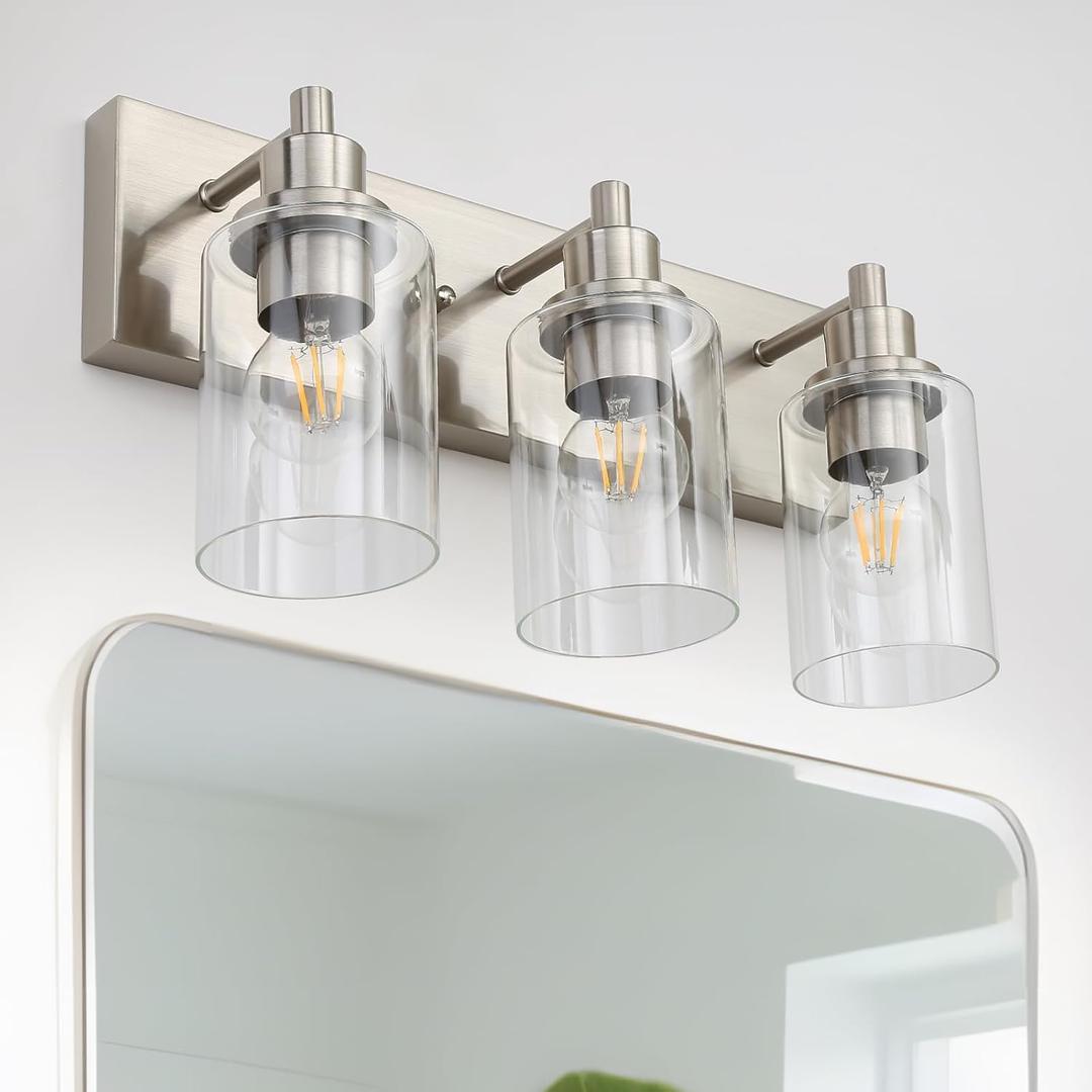 LOUSACE 3 Light Bathroom Vanity Light Brushed Nickel, Bathroom Lighting Fixtures with Clear Glass Shades Over Vanity Mirror, Modern Wall Sconces Fixtures for Bedroom Living Room, E26 Socket