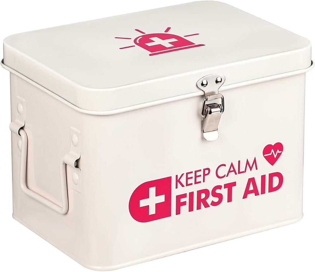 Kamehame First Aid Box, Keep Calm First Aid Medicine Storage Bin with Lid, Vintage Metal First Aid Organizer Empty Box for Home Emergency Tool Set, Latch Closure, Removable Tray and Side Handles