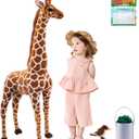 BRINJOY Giant Stuffed Giraffe Animal Set, 47 Inch Large Giraffe Plush Toy for Kids with Bird & Basket & Leaves & Card, Toddler Lifelike Standing Toys Stuffed Animal for Girls Boys