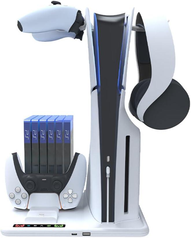 For PS5 Slim Cooling Stand Dock with Dual Controllers Charging Station, for PS5 Slim Console Cooling Station with 6 Game Disc Slot Organizer, with 2 Headphone Hangers