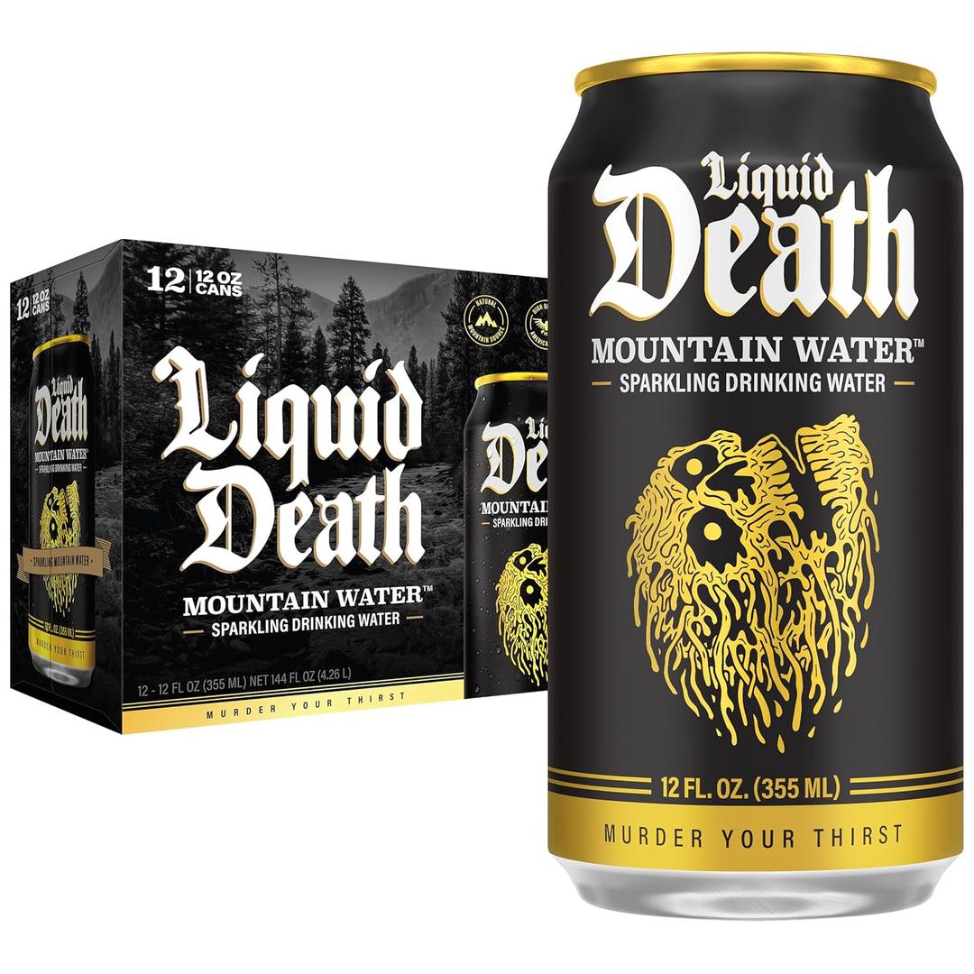 Liquid Death, Sparkling Mountain Water, 12-Pack (12oz Cans), Natural Mountain Source, Infinitely Recyclable Ice-Cold Cans (BB 05/12/2028)