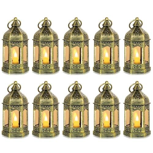 Mini Lantern with Flickering LED Candles Set of 6, Hewory Gold Vintage Decorative Hanging Candle Lanterns for Halloween, Christmas, Wedding Decorations, Party, Table Centerpiece, Battery Included