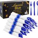 Liacere 100Pack Pre Rolled Blue Silverware and Napkin - Disposable Blue Plastic Utensils-Wrapped Plastic Cutlery Set with Napkin:100 Forks,100 Knives,100 Spoons,100 Napkins for Wedding&New Year