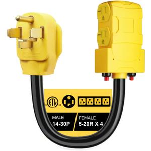 Dryer Adapter 30 Amp 240V to 20 Amp 15 Amp 110V Adapter, NEMA 14-30P to 4X 5-20R 5-15R, 4-Prong Dryer Male Plug to Four T-Blade Household Outlet w/ 24amp Circuit Breaker, ETL Listed