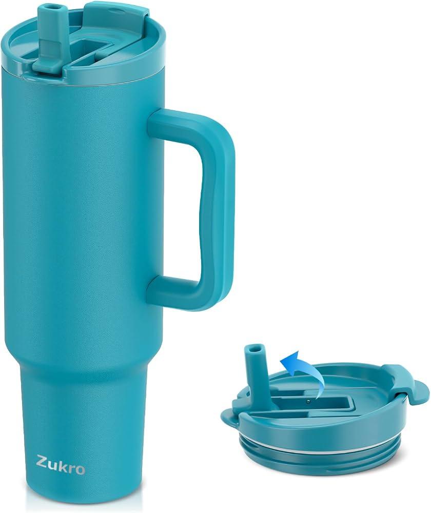 Zukro 50 oz Tumbler With Handle and Flip Straw, Leak Proof Lid, Double-Wall Stainless Steel Water Bottle for Home, Oiffce, Work, Large Vacuum Insulated Travel Cup Fit in Cupholder, BPA-Free, Blue