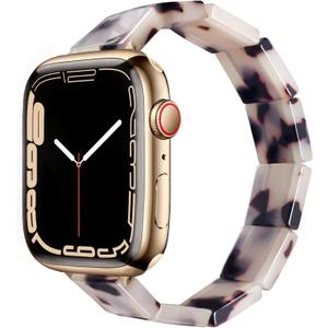 Heesch Resin Fashion Watch Band Compatible with Apple Watch Series Ultra//10/9/8/7/SE/6/5/4, Tortoise Elastic Watch Band Bracelet Jewelry Wristband Women Girl for iWatch, 38/40/41/42mm, 42/44/45/46/49 (38/40/41/42mm(Series 10)-S: 5.5''-6.2'', Ivory Tortoise Slim)